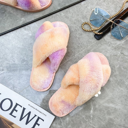 Furry Cross-Band Slippers for Women Soft Indoor Outdoor Non-Slip Sole