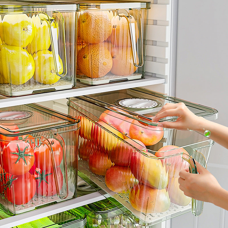 Refrigerator Storage Box Drainable Sealed Stackable Handle Lid Removable Tray