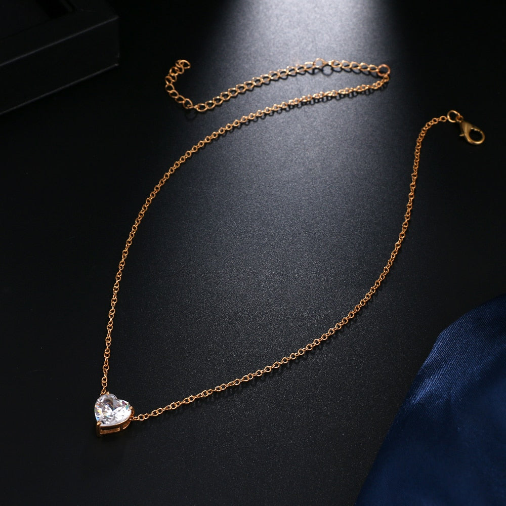 Silver Gold Tone Crystal Heart Chain Choker Necklace