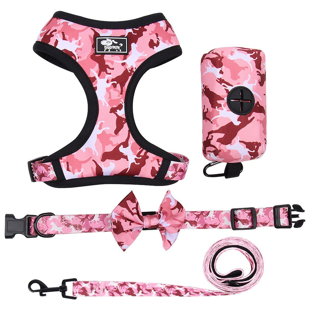 4pc Camo Dog Harness Set Leash Collar Poop Bag Dogs Supplies Rope Lead