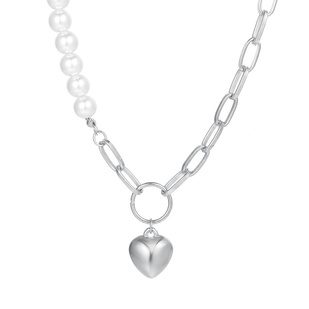 Gold Tone Womens Heart Shaped Pendant Pearl Chain Necklace