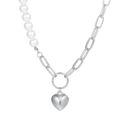 Gold Tone Womens Heart Shaped Pendant Pearl Chain Necklace