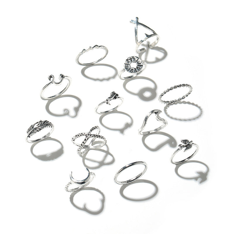 12pc Midi Ring Set Silver Vintage Design Moon Feather Rings Jewellery