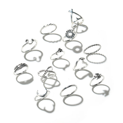 12pc Silver Midi Ring Set Vintage Moon Feather Fashion Jewellery Accessories
