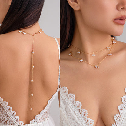 Pearl Dotted Backless Dress necklace Double Layer Earring Bracelet