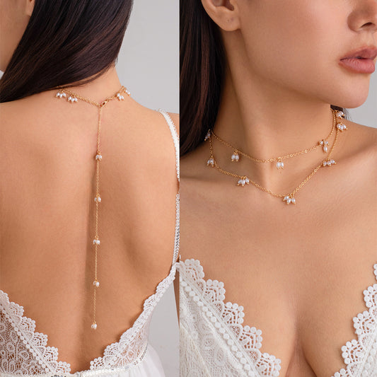 Pearl Dotted Backless Dress necklace Double Layer Earring Bracelet