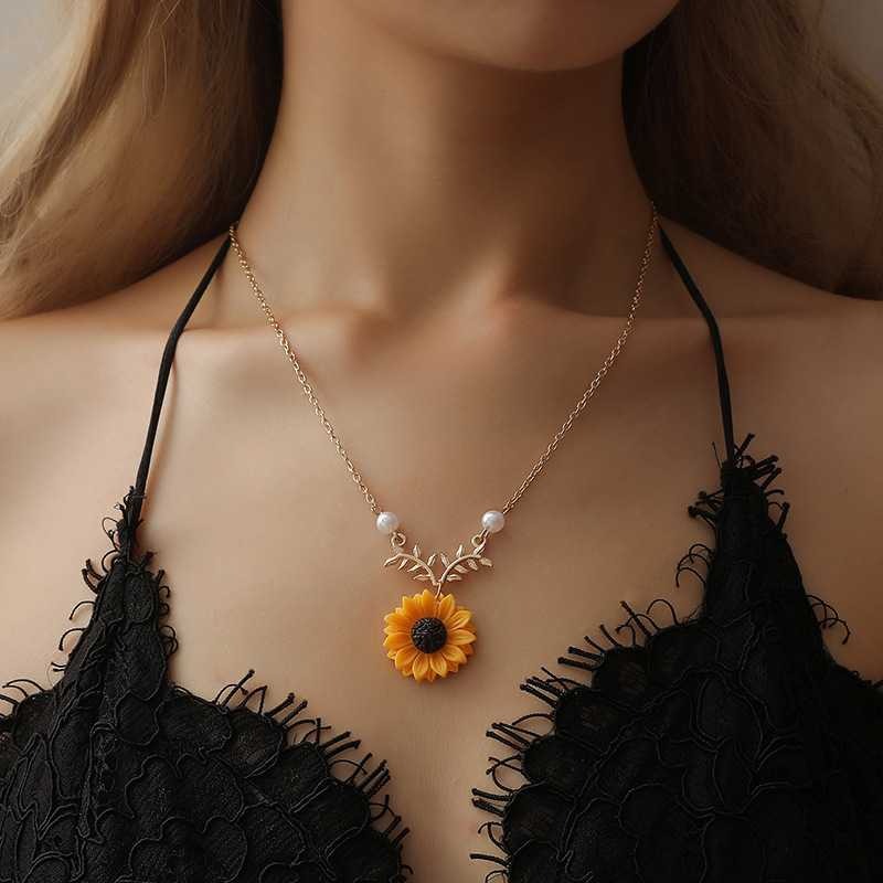 Silver Rose Gold Sunflower Floral Necklace Pearls Chain Jewellery Women