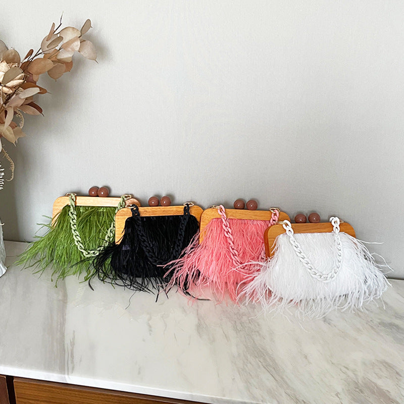 Acrylic Chain Women’s Tassel Banquet Bag Wooden Frame Shaggy Bags