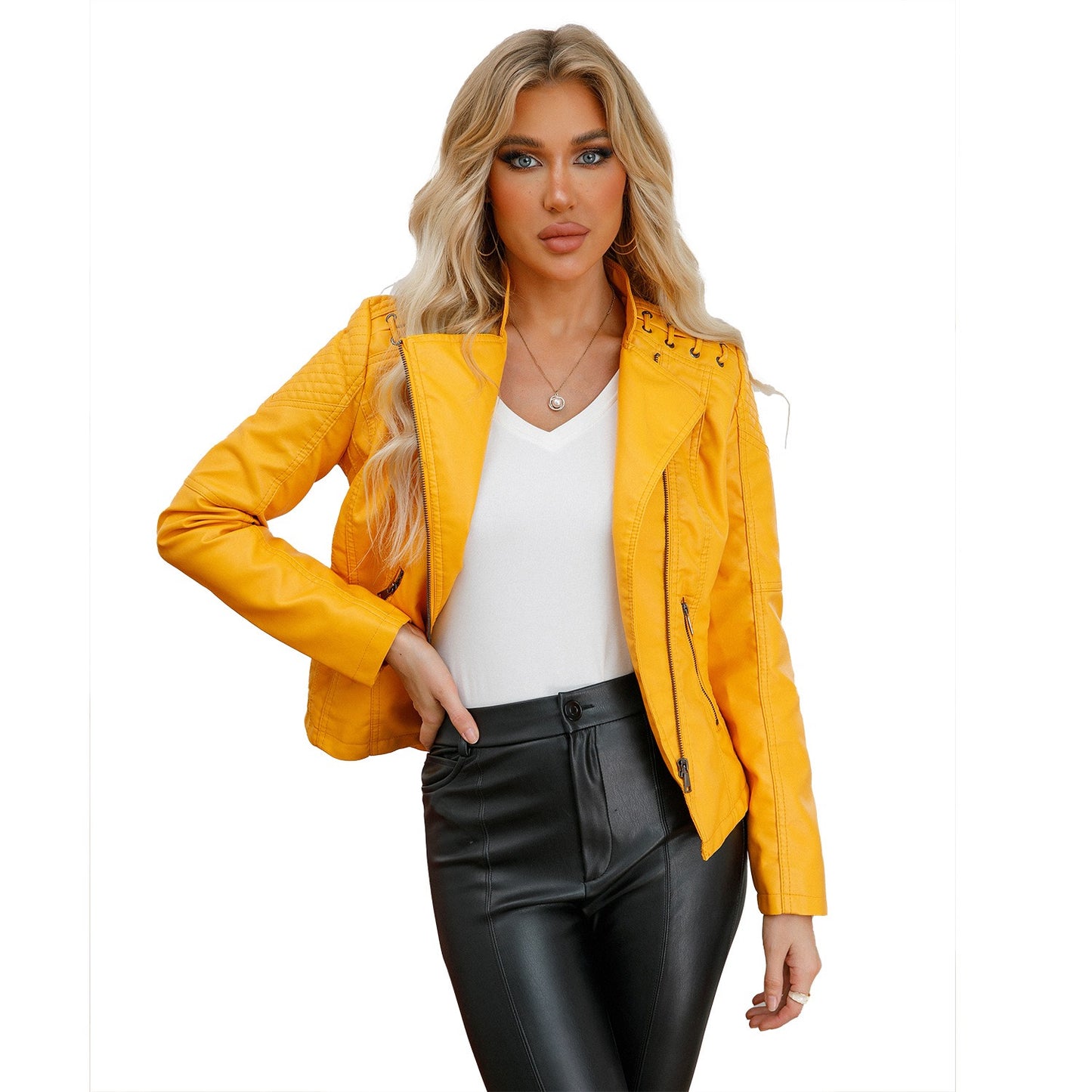 Women's Faux Leather Motorcycle Jacket Slim Fit Short Style Casual Lightweight Coat