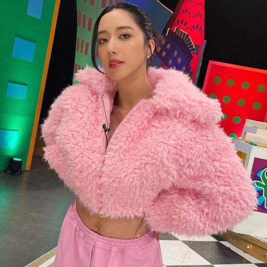 Furry Cropped Jacket Women Warm Plush Zip-Up Hoodie Thick Winter Coat