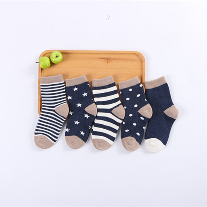 Kids Autumn Winter Cotton Socks 5 Pack Striped Cartoon Soft Warm Cosy Selection