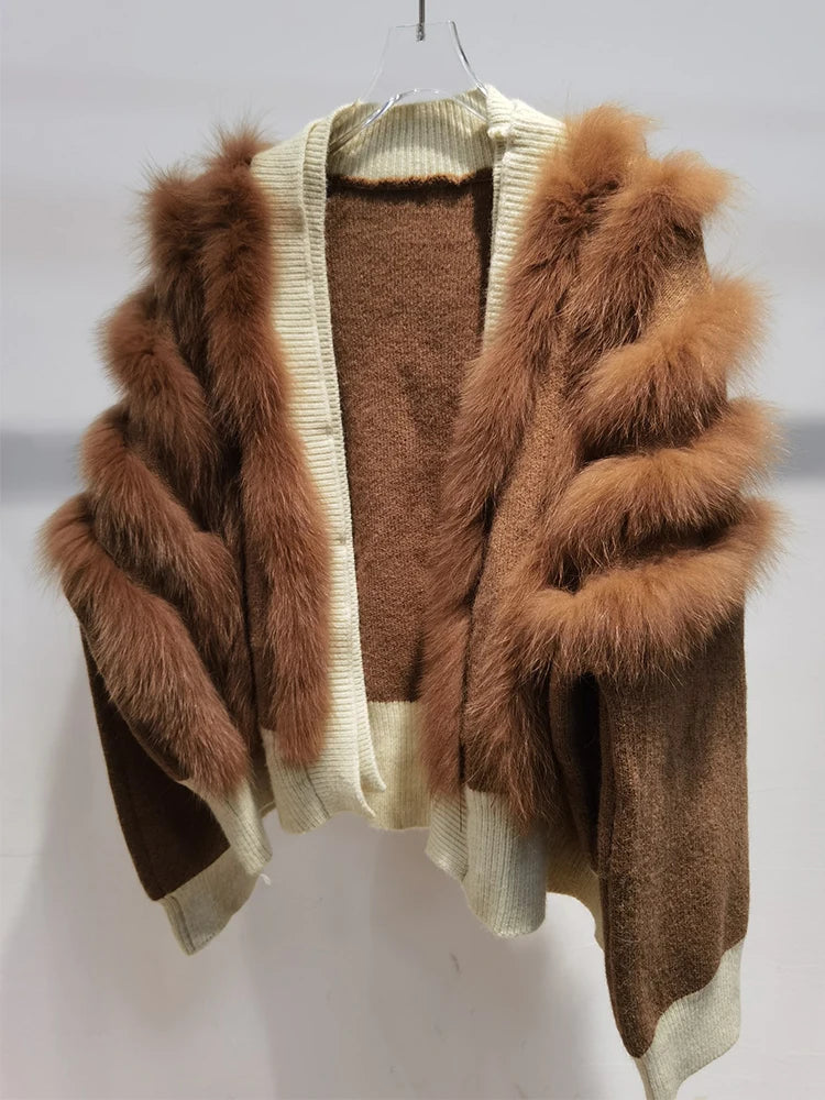 Women's Luxury Premium Faux Fur Oversized Sweater Coat Knitted Cardigan Black Khaki