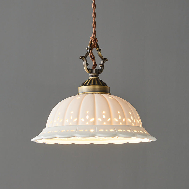 Copper LED Pendant Light Ceramic Shade Adjustable Height Bedroom Study Illumination