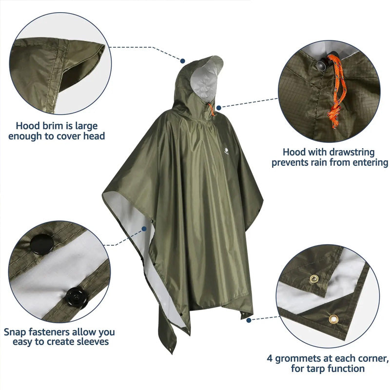 Unisex Lightweight Waterproof Hooded Rain Poncho for Hiking Fishing Climbing