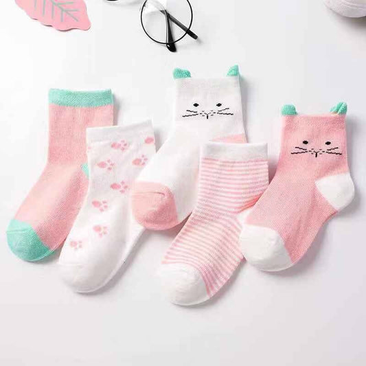 5 Pairs Baby & Toddler Cartoon Animal Socks, Soft Cotton, Ages 0-6 Years Pink Blue