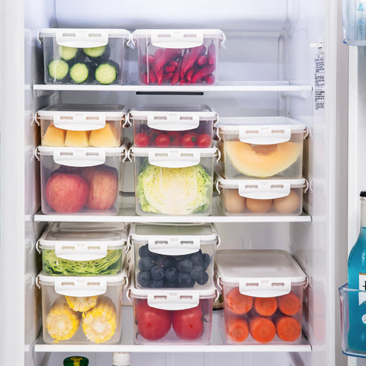 Rectangular Airtight Food Storage Boxes Stackable Microwave Safe White Blue Lids