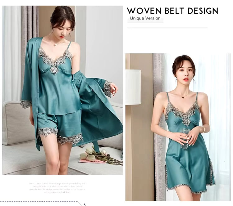 Women's 5-Piece Silk Pajama Set Elegant Lace Trim Sleepwear Nightwear Robe Lounge