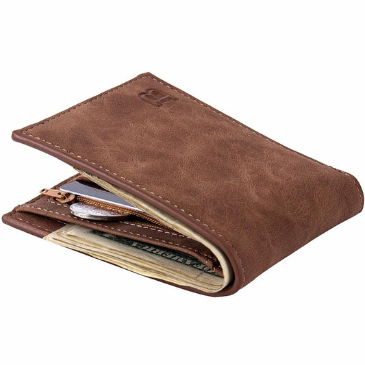 Men’s Wallet Coin Bag Zip Slim PU Leather Money Clip Card Holder Brown