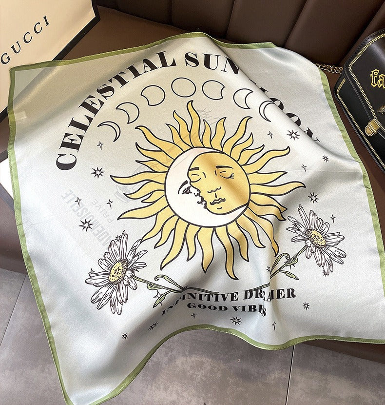 Genuine Silk Elegant Women's Scarf 53x53cm Celestial Sun Moon Design Fashion