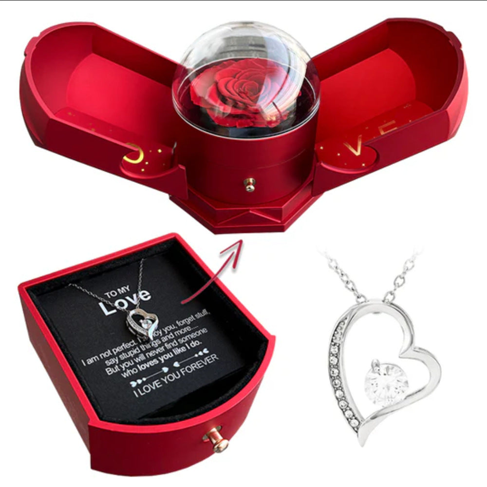Dual Rose & Necklace Gift Box Set Crystal Heart Necklace Valentine's Day Romantic