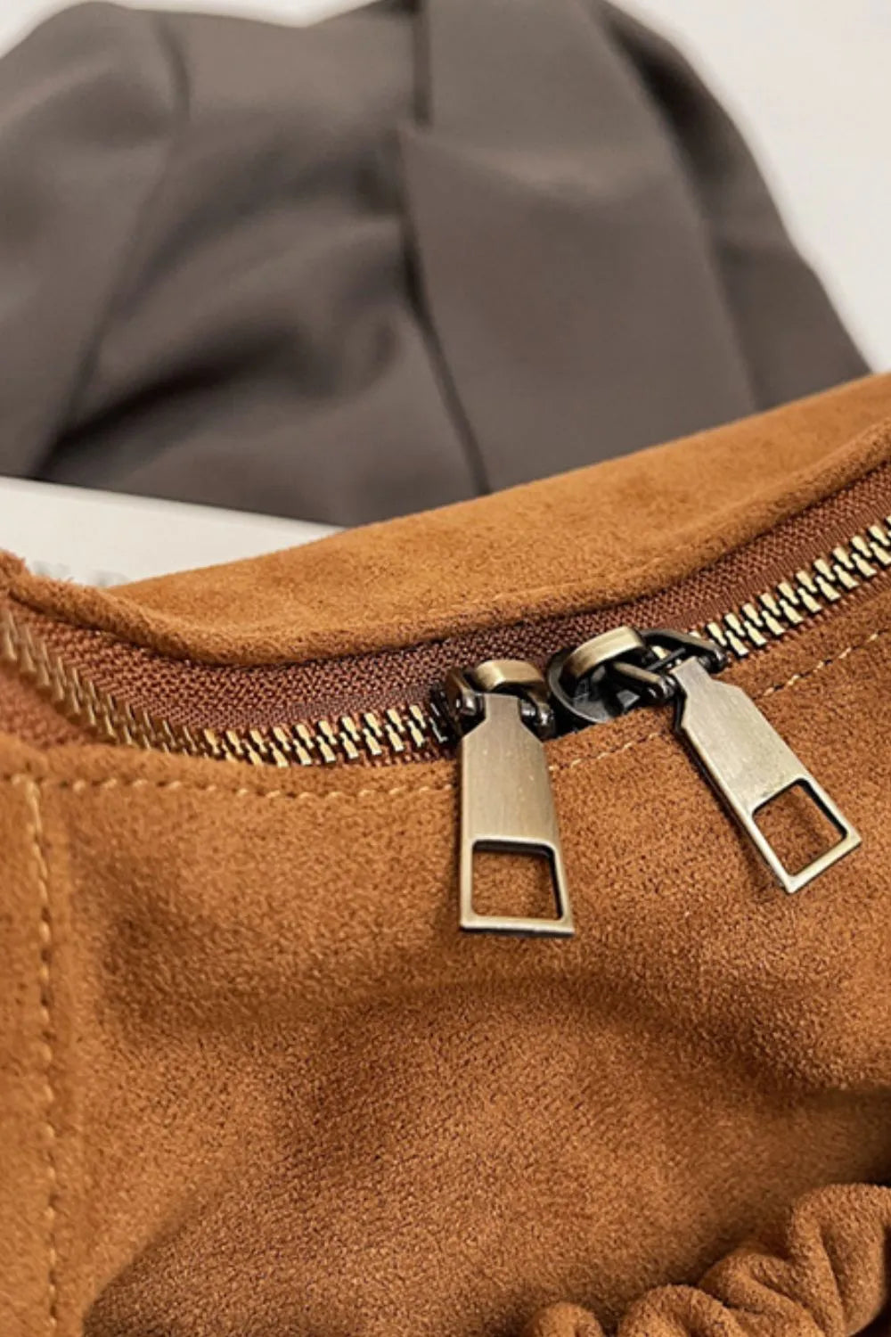 Suede Ruched Handbag Zipper Closure Elegant Evening Purse Spacious Accessory Storage