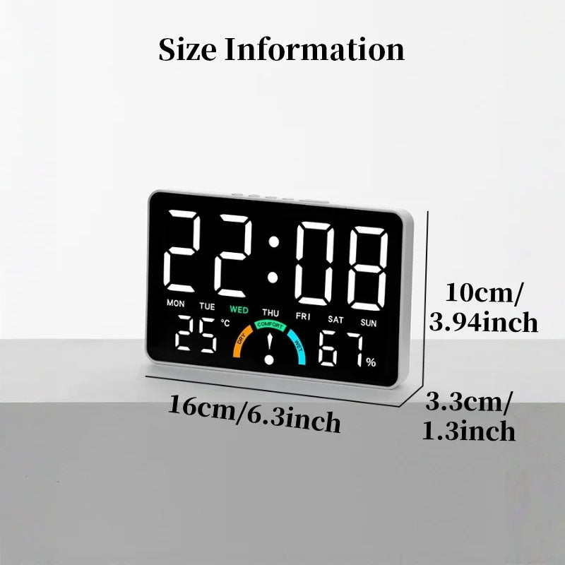 Digital Alarm Clock Temperature Humidity Display Dual Alarms LED Snooze Feature