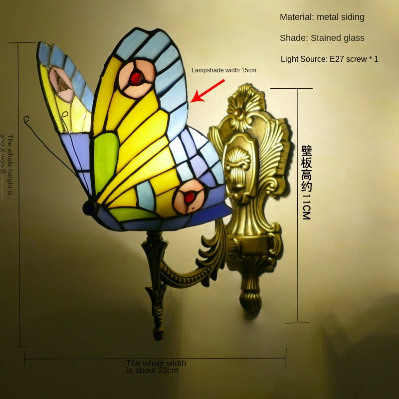 Home Butterfly LED Wall Lamp Stained Glass European Countryside Style Lighting
