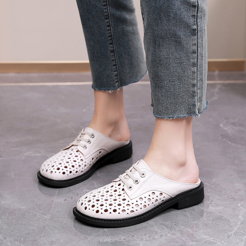 Women’s Leather Hollow-Out Sandals Flat Round Toe Slip-On Mule Shoes Summer
