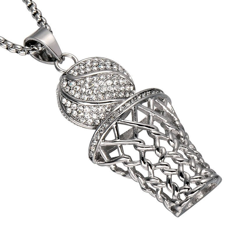 Men's Iced Out Crystal Basketball Pendant Necklace Gold Silver Hip Hop