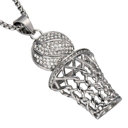 Men's Iced Out Crystal Basketball Pendant Necklace Gold Silver Hip Hop