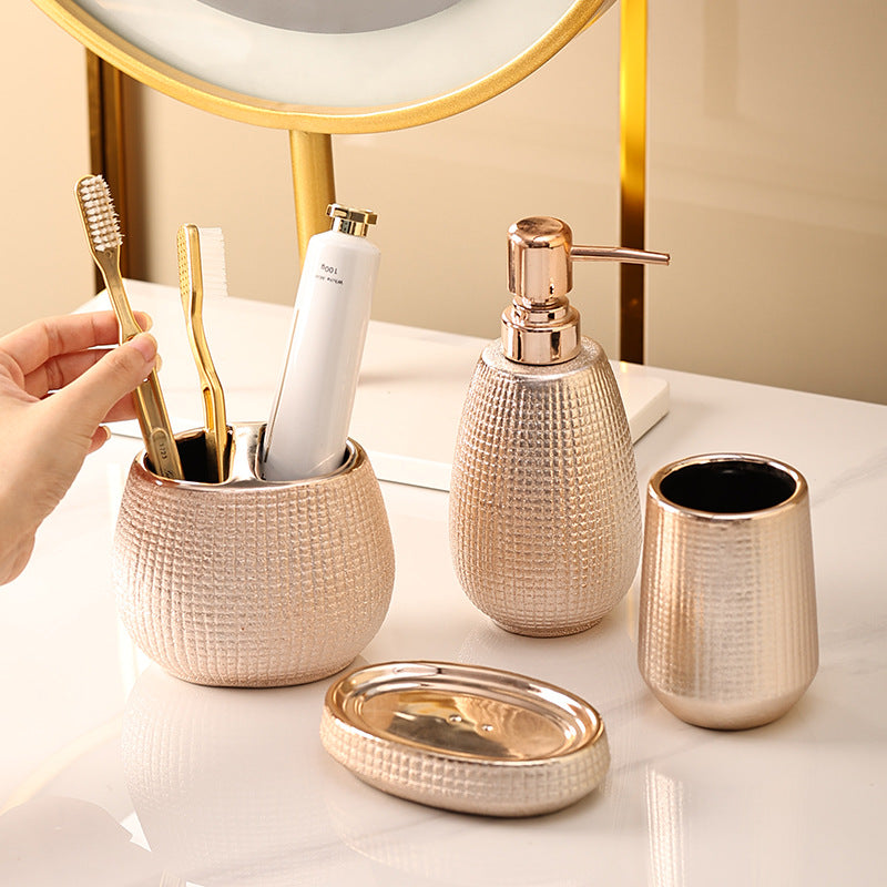 4pc Set Rose Gold Ceramic Tooth Brush Soap Dish Dispenser Bathroom