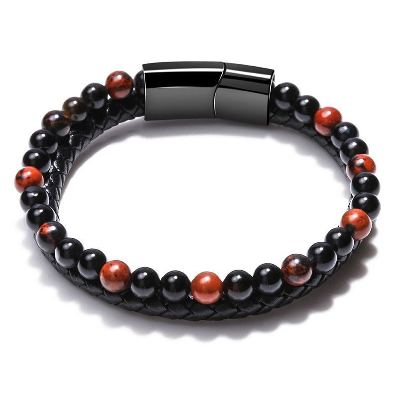 Volcanic Natural Stone Tiger Eye Beaded Bracelet Male Cowhide Rope Agate Handwear