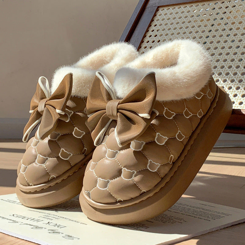 Cute Bow Tie Knot Slippers Warm Cotton Anti-Slip Indoor Shoes Cozy Winter