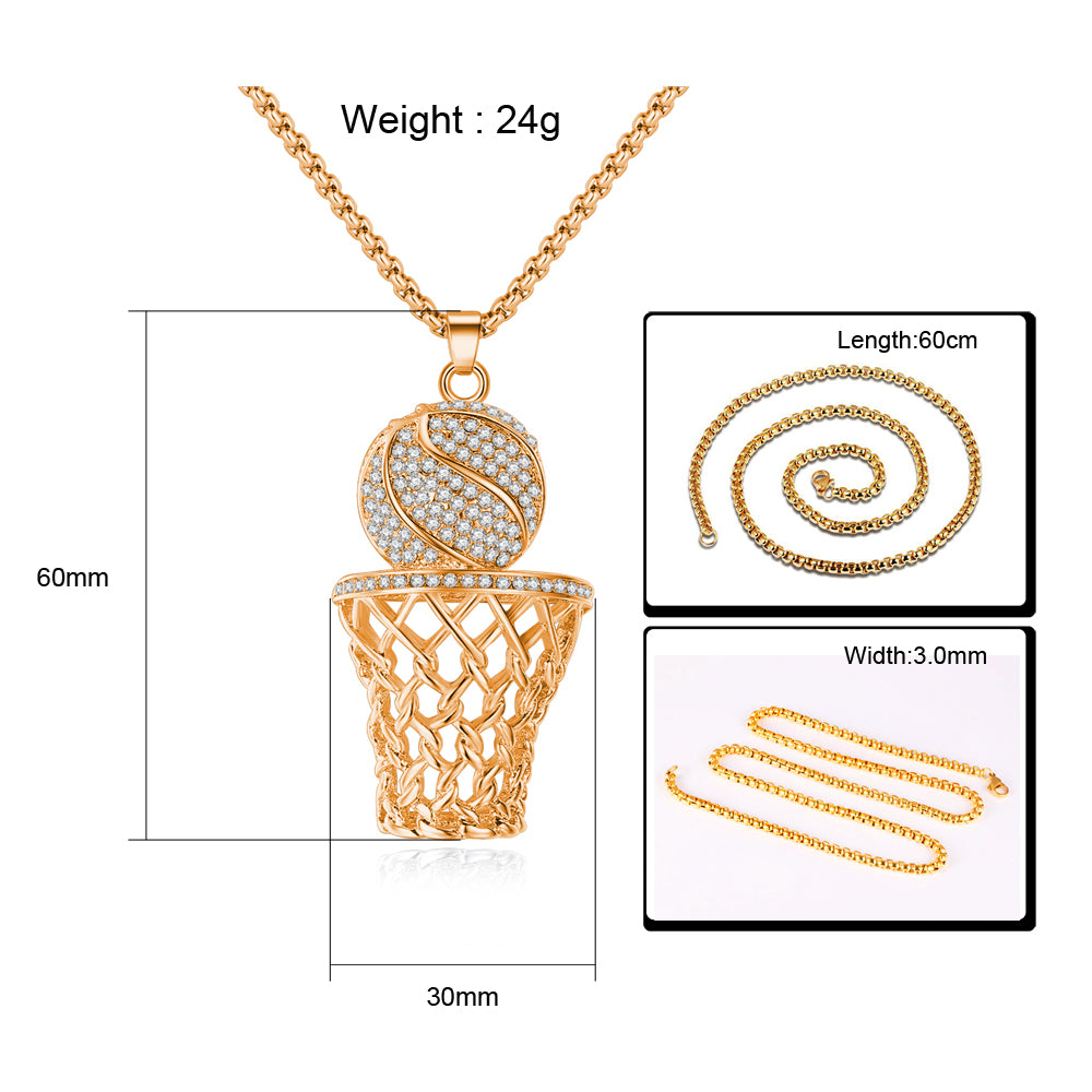 Men's Iced Out Crystal Basketball Pendant Necklace Gold Silver Hip Hop