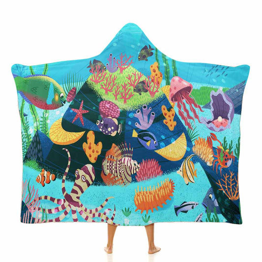 Wearable Hooded Blanket Soft Arctic Velvet Coral Reef Ocean Theme 3 Sizes