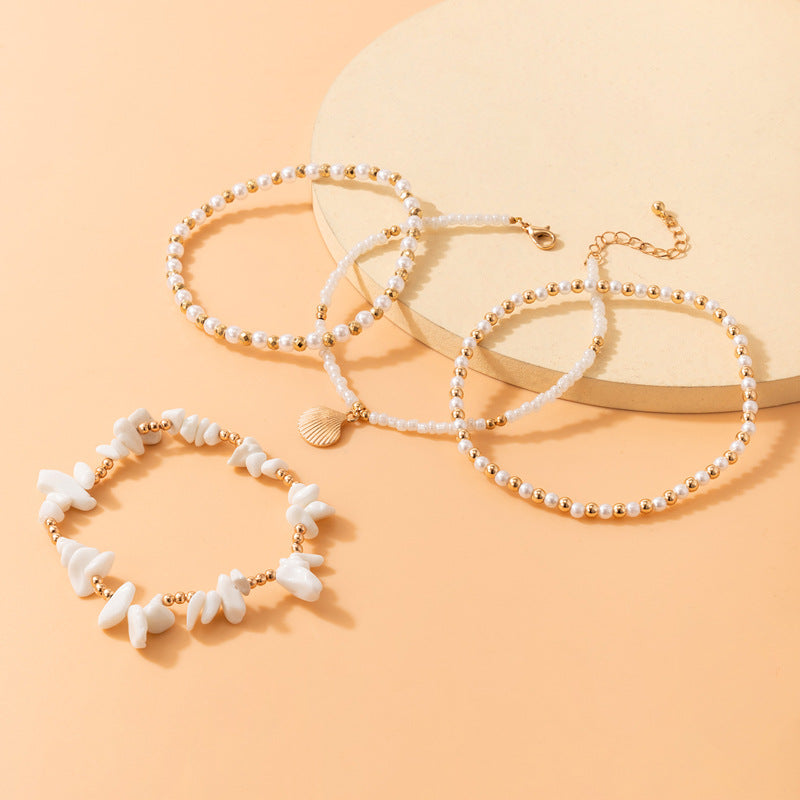 Set of 4 Beach Holiday Beaded Multi-layer Anklet Pearl Dangle Jewellery Womens