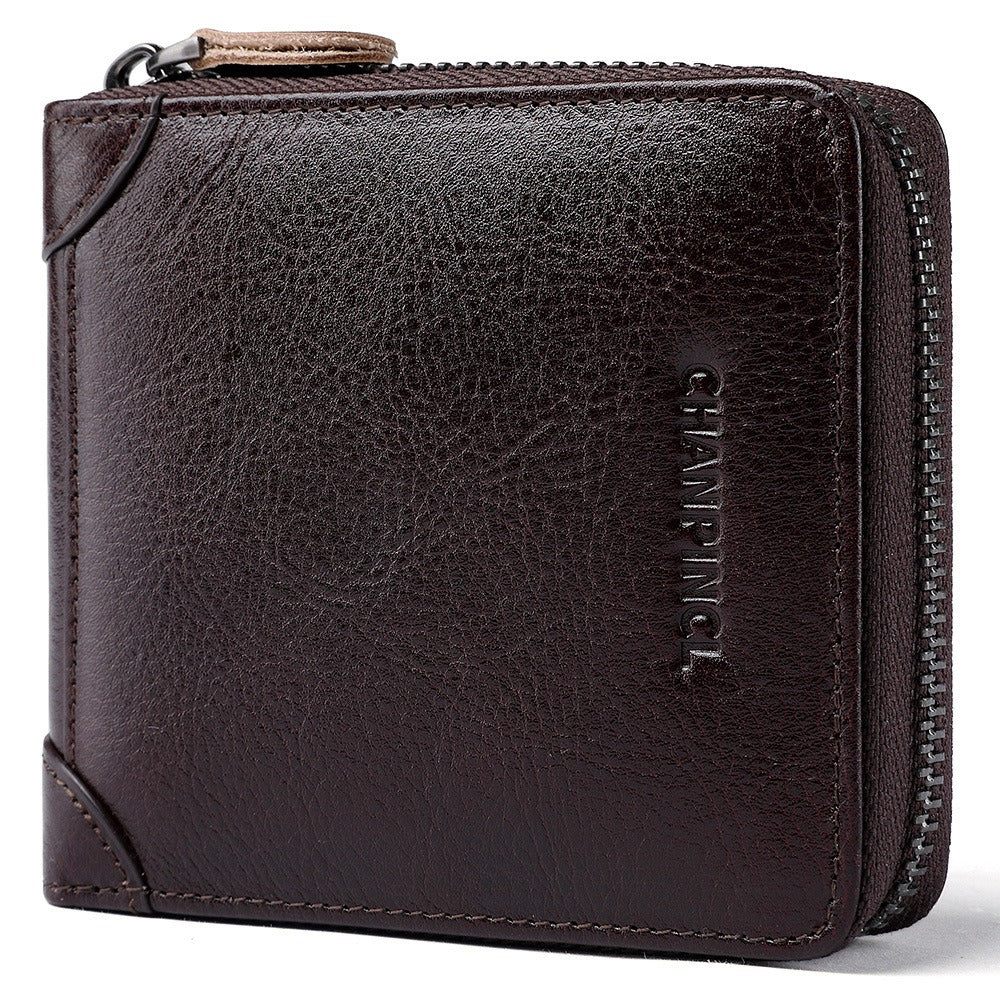 Men's Genuine Leather Zip Wallet Multi-Function Horizontal Style RFID Blocking