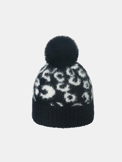 Leopard Print Acrylic Knit Winter Hat with Soft Pompom Stylish Essential Cap