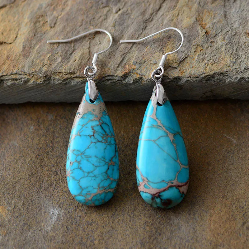 Natural Stone Teardrop Earrings Copper Hook Gemstone Jewellery Fashion 5.8cm