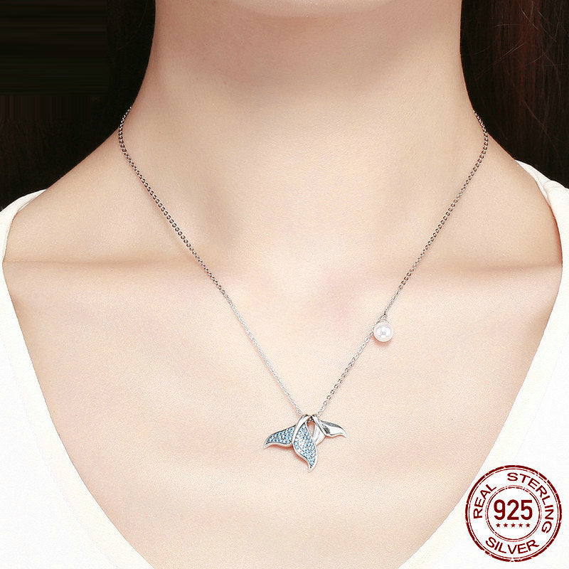 Sterling Silver 925 Zircon Pearl Mermaid Tail Elegant Necklace Gift Women 44cm