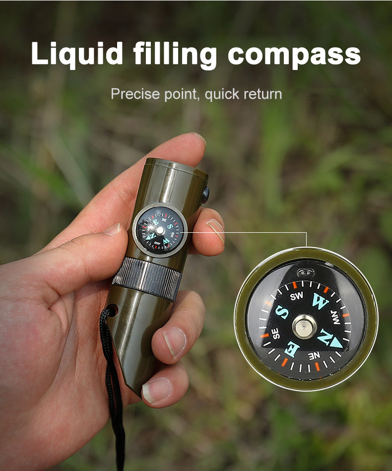 7-in-1 Survival Whistle LED Light Compass Thermometer Outdoor Emergency Gear