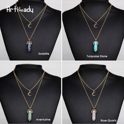 Natural Stone Quartz Stone Moon Choker Crystal Pendant Necklace