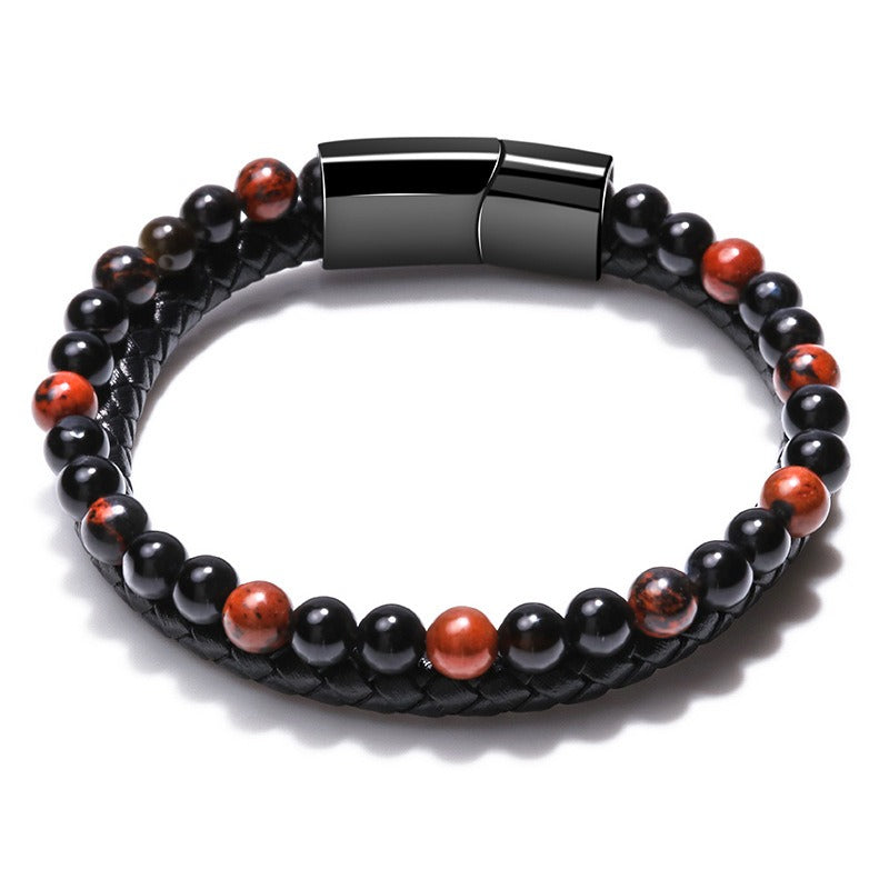 Volcanic Natural Stone Tiger Eye Beaded Bracelet Male Cowhide Rope Agate Handwear
