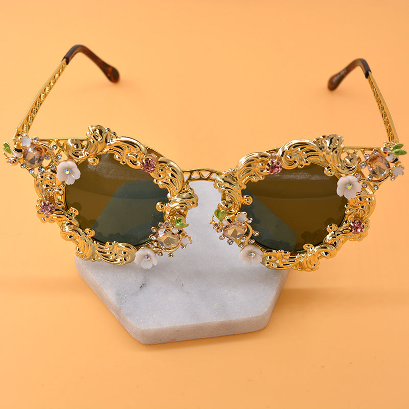 Womens Vintage Baroque Crystal Sunglasses UV400 Protection Stylish Outdoor Eyewear