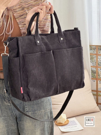 Womens Autumn Winter Corduroy Shoulder Tote Multi-Pocket Durable Spacious Bag