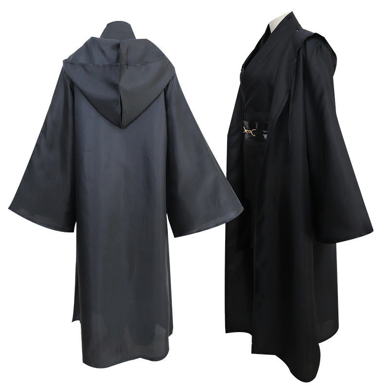 Unisex Black Hooded Fantasy Cloak Robe Cosplay Costume Loose Fit Outfit