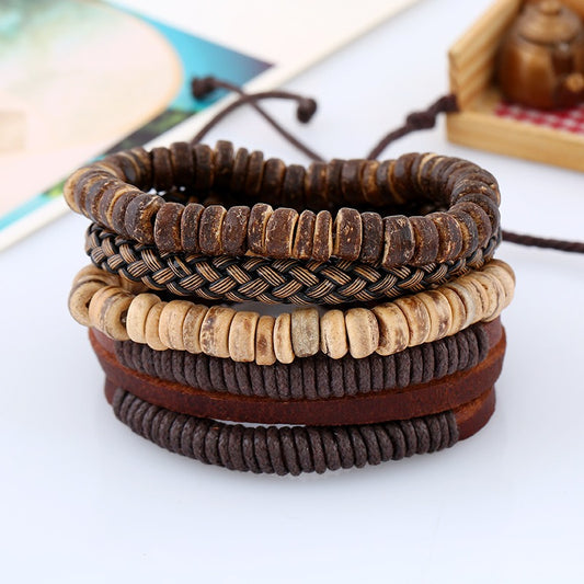 Men's Retro Cowhide Coconut Shell Wooden Bead Bracelet Set Adjustable Woven