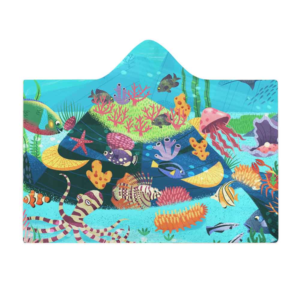Wearable Hooded Blanket Soft Arctic Velvet Coral Reef Ocean Theme 3 Sizes
