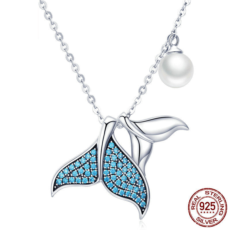 Sterling Silver 925 Zircon Pearl Mermaid Tail Elegant Necklace Gift Women 44cm