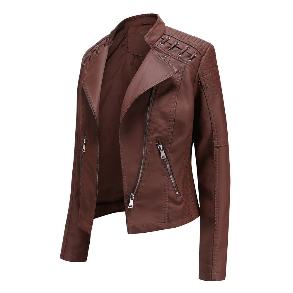 Women's Faux Leather Motorcycle Jacket Slim Fit Short Style Casual Lightweight Coat